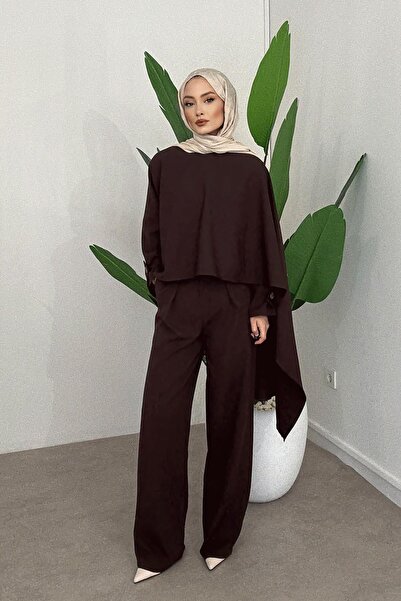 merve ada design Pelerinli Pantolon Takım-Premium Kalite-Kahve TESETTÜR GİYİME UYGUNDUR.