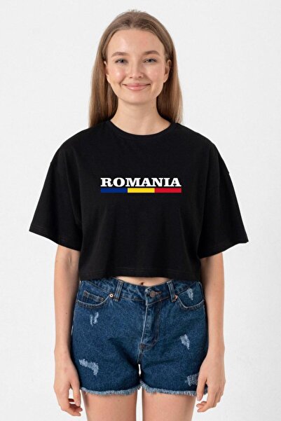 Tshirthane تيشيرت نسائي قصير باللون الأسود مطبوع عليه علم رومانيا