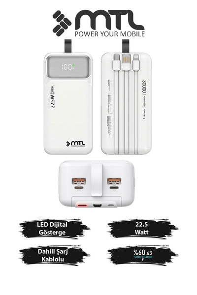 30000 mAh 22.5W Turbo Charger Built-in Wired Digital LED Display with PD and QC 3.0 Powerbank MT4330
