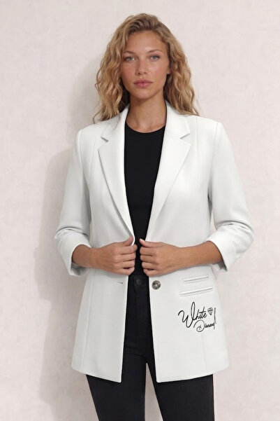 WHİTE DİAMOND Pocket Printed Single Button White Women's Jacket