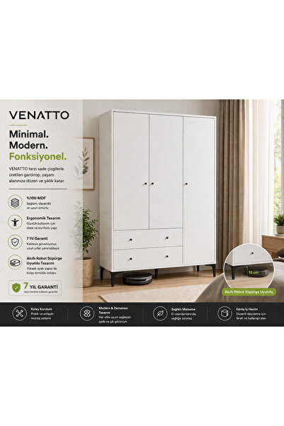 VENATTO Focus 3 Kapılı Dolap/gardırop Beyaz (%100MDF)
