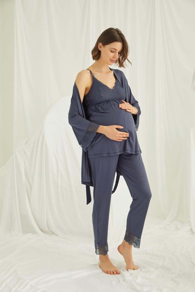 MONAMİSE Women'S, Navy Blue, 94% Viscose, 6% Elastane, Lace Front Buttoned Maternity/Pregnancy 3-Piece Pajama Set.