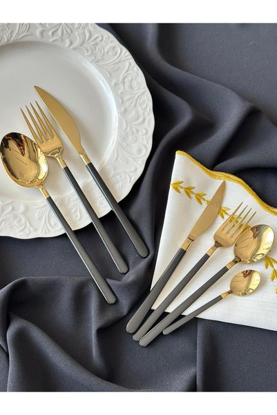 MD MİMOZA DEKOR Allegra Black&gold 42 Pieces 6 Person Fork Spoon Knife Set