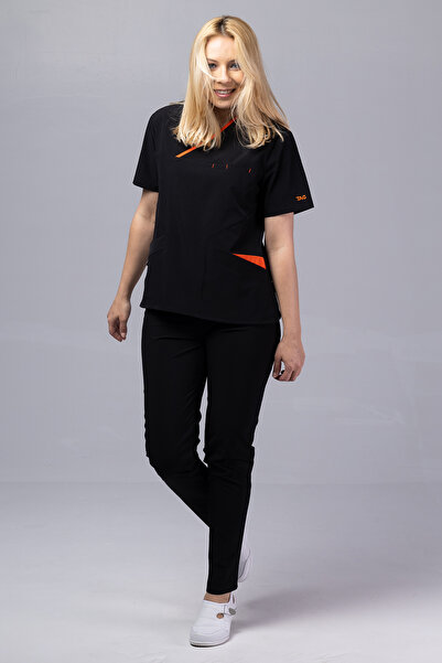 tag Costum medical ONYX Premium pentru femei, negru cu căptușeală portocalie