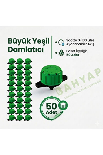 Bahyap Damlama Sulama Debi Ayarlı Yeşil Damlatıcı Büyük Meme - 50 Adet