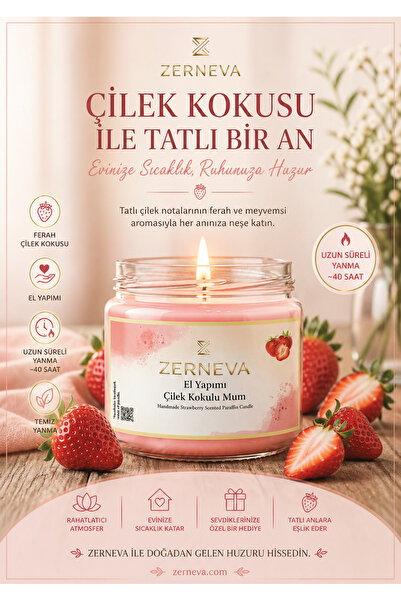 ZERNEVA ÇİLEK KOKULU EL YAPIMI MUM / Hediyelik, Özel gün, Kokulu Mum, 300cc C...