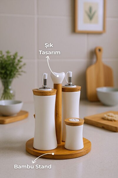 Bambum Fiago Bambu Standlı Yağlık Sirkelik Tuzluk ve Biberlik