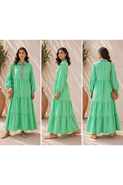 LINELLE Green Embroidered Tiered Casual Dress