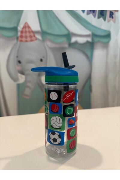 SMIGGLE Children's Ball Themed Water Bottle with Straw 440ml Bpa Free Children's School Water Bottle Cute Gift