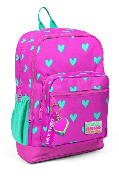 Coral High Kids Neon Pembe Su Yeşili Kalp Desenli Dört Bölmeli Okul Sırt Çant...