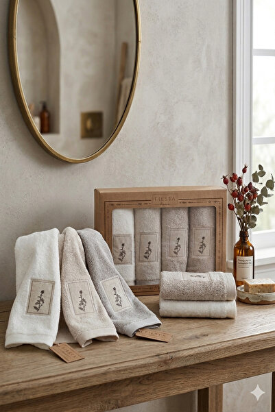 Fiesta 4LÜ Aplikeli Nakışlı Havlu Kutulu %100 Pamuk