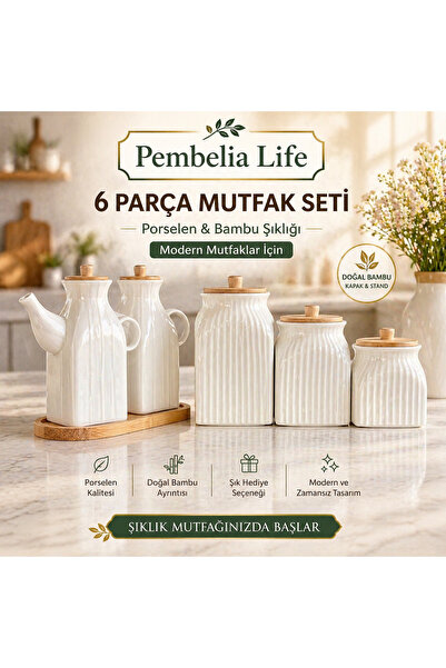 Kitchen Pembelia 2’li Set 6 Parça Bambu Standlı Kare Porselen 1000ml Yağdanlı...