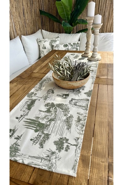 Decamor home Rustic Patterned Green Ecru Runner, Stain-Resistant