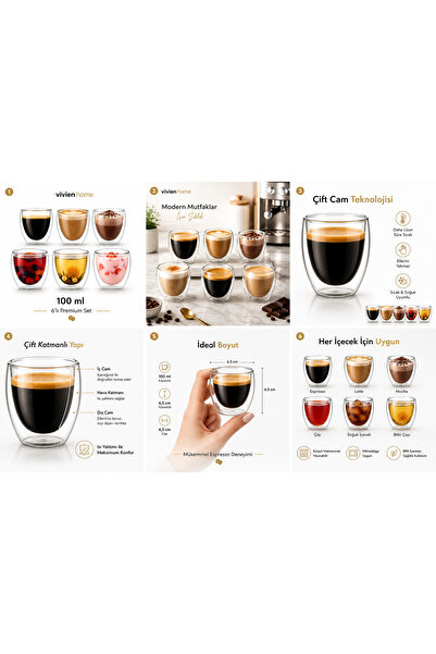Vivien Home 6 adet çift cidarlı 100ml Espresso meşrubat çay ve kahve bardağı