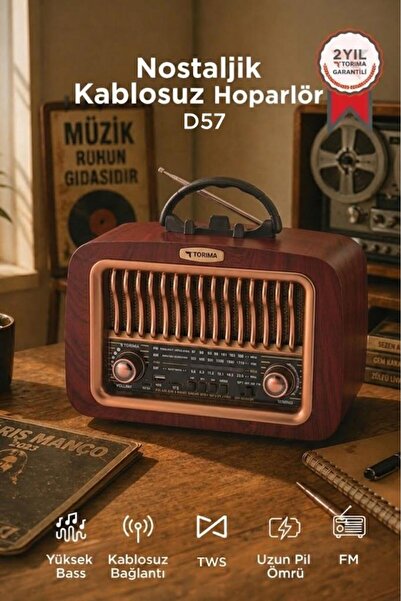 Torima Bluetooth Hoparlör Nostaljik Radyo Kablosuz Speaker D57 Kahverengi