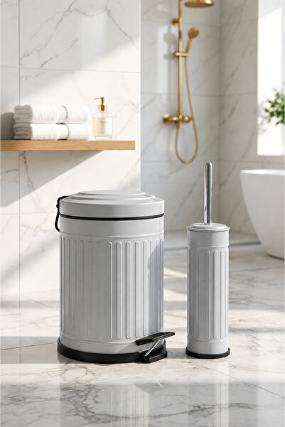 Yufira Life 5 Lt Çizgili Vintage Yavaş Kapanan Pedallı Gri Çöp Kovası ve WC F...