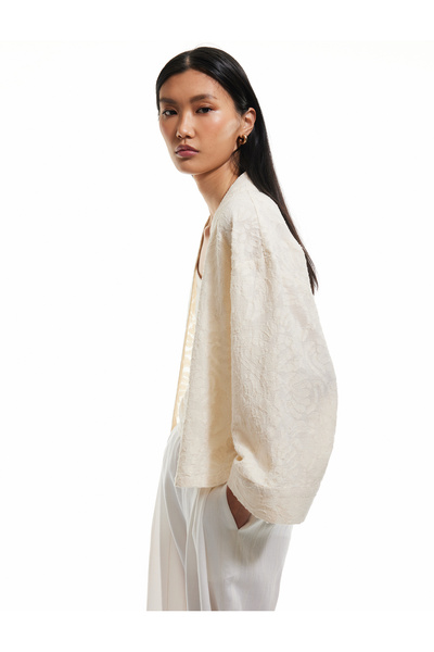 Koton Cotton Long Wide Sleeve Floral Textured Embroidery Short Kimono Jacket