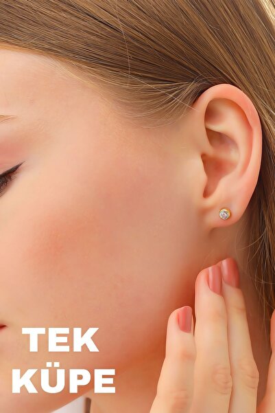 MOOM MÜCEVHERAT 14 Ayar Altın Sıvama Tek Taş Küpe 5 mm Tek Küpe