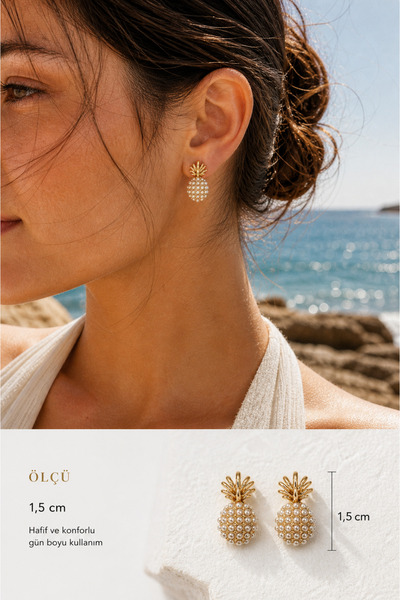 DEMOKAN Kadın Küpe 14k Gold Renk İncili Ananas Premium Minimal Kararmaz Küpe