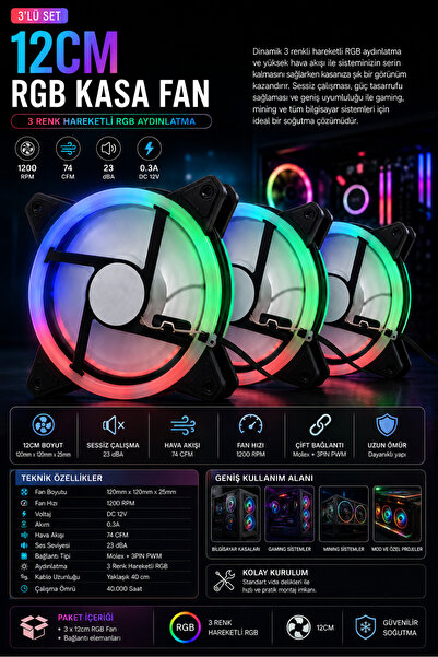 optana 3 Adet 12 Cm 3 Renk Hareketli Yanan RGB Kasa Mining Fanı Işıklı Rainbo...