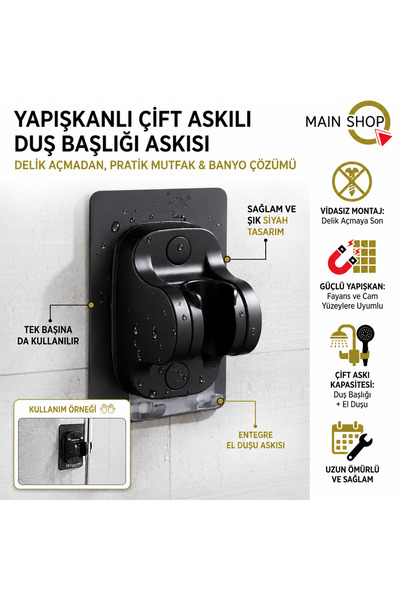 MAİN SHOP Yapışkanlı Çift Askılı Duş Başlığı Tutucu - Delme Gerektirmez Siyah...