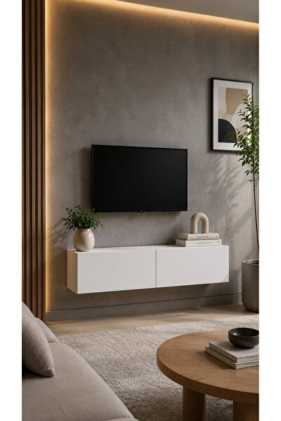 FURNICI Modern TV Ünitesi Sehpası Duvara Monte 2 Kapaklı BEYAZ