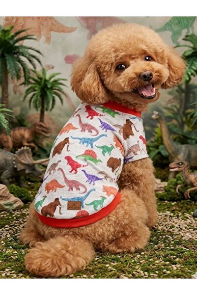 Peti Tailor Köpek Tişörtü Dinozor Desenli Turuncu Detaylı Kollu Kedi Kıyafeti