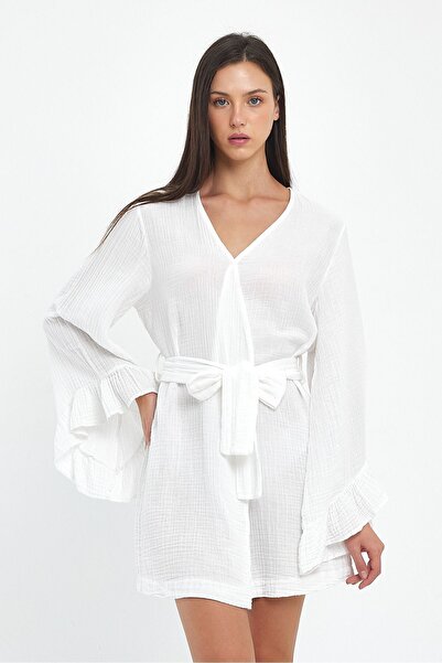 musimino moda Kadın Beyaz %100 Pamuk Müslin Kimono Sabahlık Kuşaklı Volan Kol...