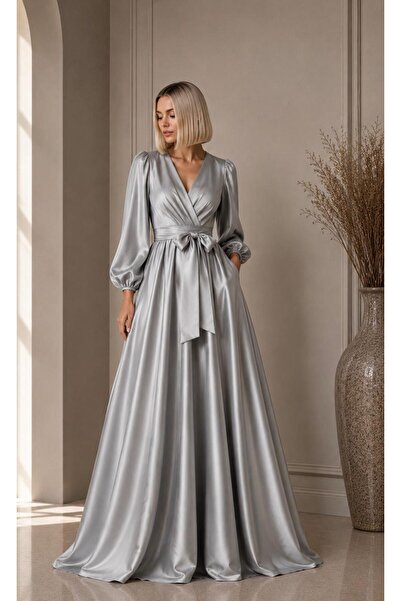 ALYEL NAKER Double-Breasted Maxi Stylish Satin Dress with Closed Neckline & B...