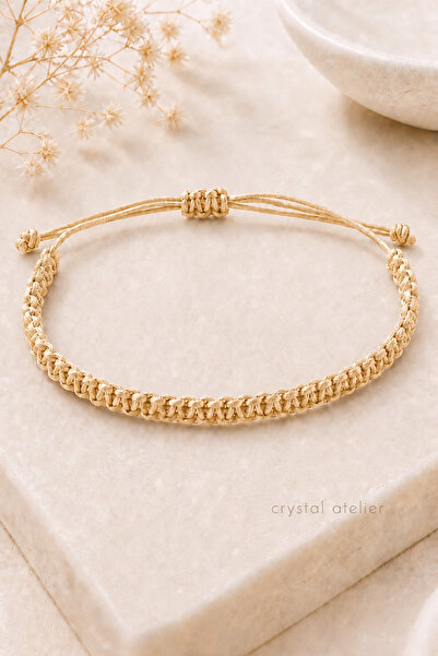 Crystal Atelier Unisex Krem Asansörlü Ayarlanabilir Örgü Makrome Bileklik-Hed...