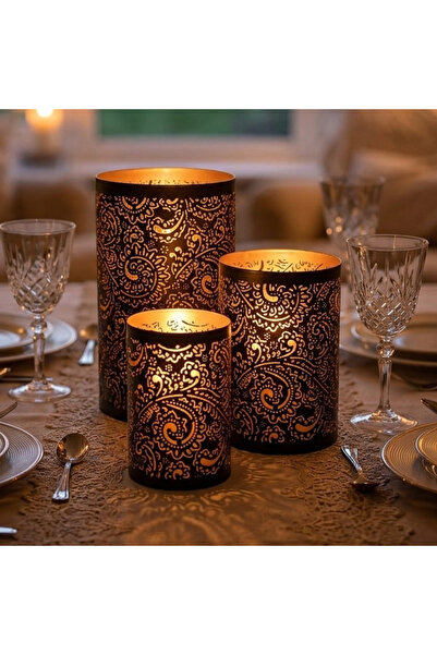 Souq DESIGNS Hurricane Candle Holder Set of 3 – Black Gold Paisley Henna Meta...