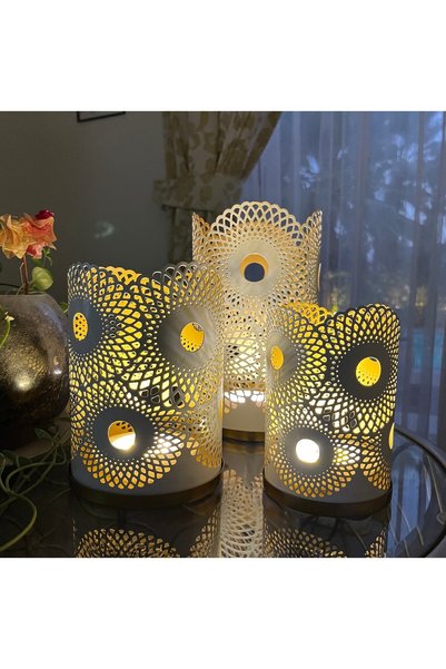 Souq DESIGNS Hurricane Candle Holder Set of 3 – White Gold Moroccan Metal Pillar Candle Holders | Hurricane Lantern Tealight Votive Table Centerpiece Flower Vase | Indoor Outdoor Ramadan Gift