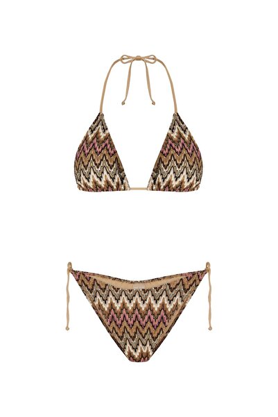 TIME MUSE MARELLA Gold&Bej Simli Örme Üçgen Bikini Takım