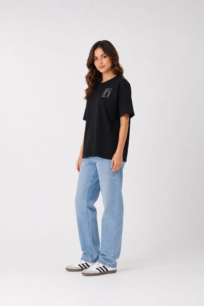 Lizbon Style Women's Oversize 100% Cotton T-Shirt Comfortable Fit Printed Black T-Shirt