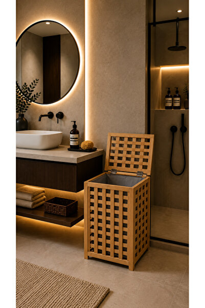 LUCKY CLOVER Bambu Kapaklı Kirli Çamaşır Sepeti 40x40x60 cm Modern Banyo Orga...