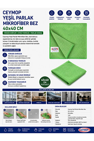 Ceymop Yeşil Parlak Mikrofiber Bez 40x40 cm