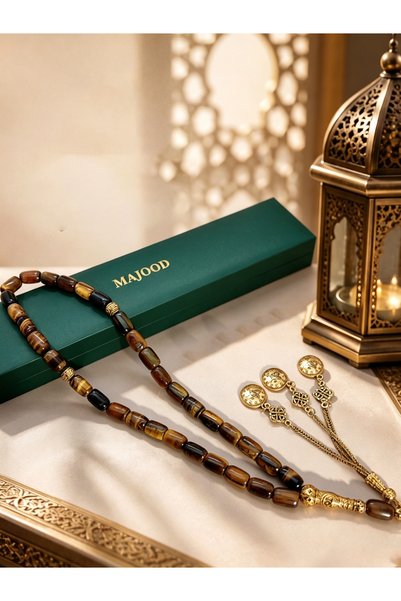 MAJOOD 33 Columnar Natural Tiger Eye Prayer Beads/Tasbih/16MM/For Men and Women/Ramadan Gift