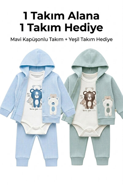 Lika&Nika Ayıcık Baskılı %100 Pamuklu Kapşonlu Hırka Body ve Pantolon 3'lü Takım