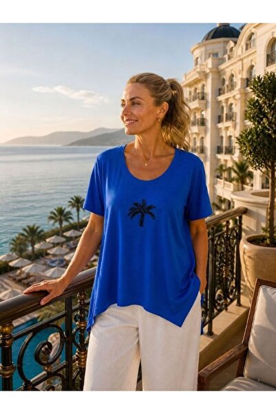 URUMDAY Women's Stone Embellished Palm Detailed Asymmetrical Cut Cotton Blouse