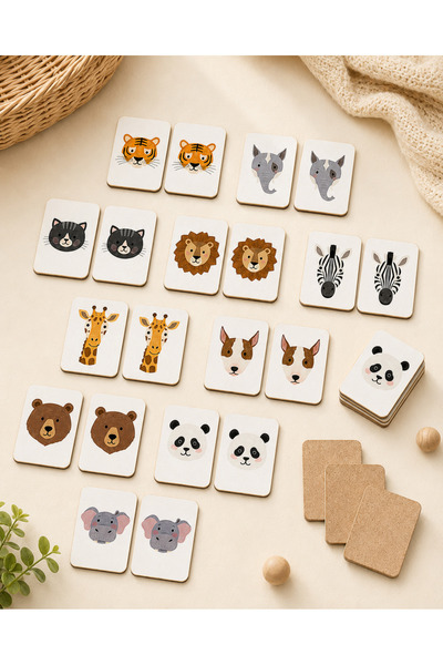 karbonsoft Zeka Kartları Eşleştirme Oyunu Sevimli Hayvan Hafıza Kartı Ahşap Eğitici Puzzle Oyuncak (5,5X7,5 CM)