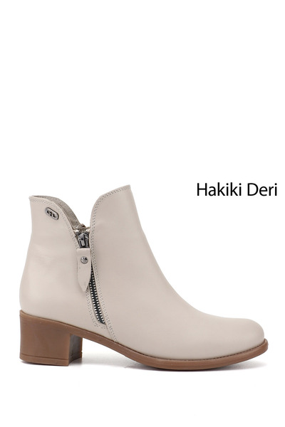 GÖNDERİ(R) Kadın Bej Antik Çift Fermuarlı Kalın Topuklu Hakiki Deri Bot
