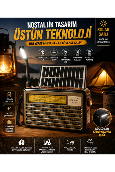 birtex 320 BT Solar Şarjlı Nostaljik Radyo | Bluetooth FM| LED Kitap Okuma Iş...