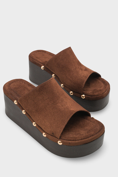 Capone Outfitters Rina Suede Stone Detailed Wedge Heel Daily Women's Slippers