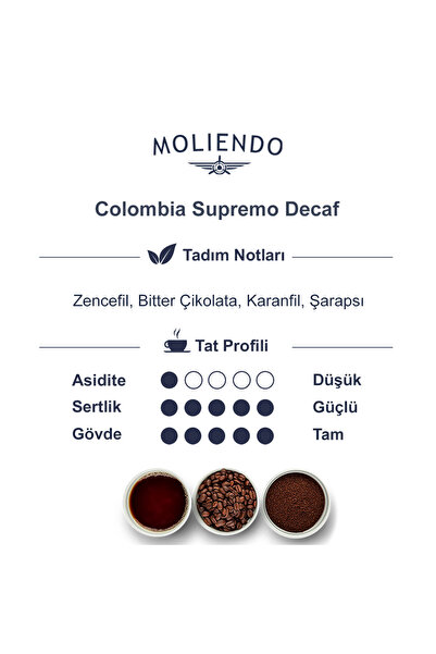 Moliendo Finest Coffee Colombia Supremo Decaf (KAFEİNSİZ) Yöresel Kahve (Öğütülmüş Filtre Kahve) 250 g