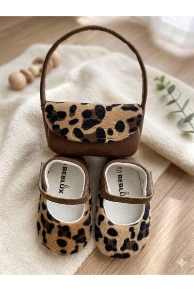 BEBLUXBABY Leopar Desenli Babet Kız Bebek Ayakkabı Çanta Set