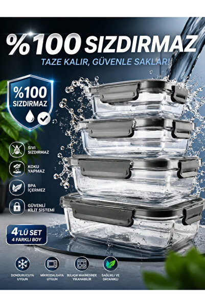 GÖNÜL % 100 Sızdırmaz Borosilikat 4 Lü Cam Saklama Kabı