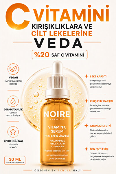 NOIRE PREMIUM Leke Karşıtı Aydınlatıcı C Vitamini Serum Glutatyon, %20 Askorb...