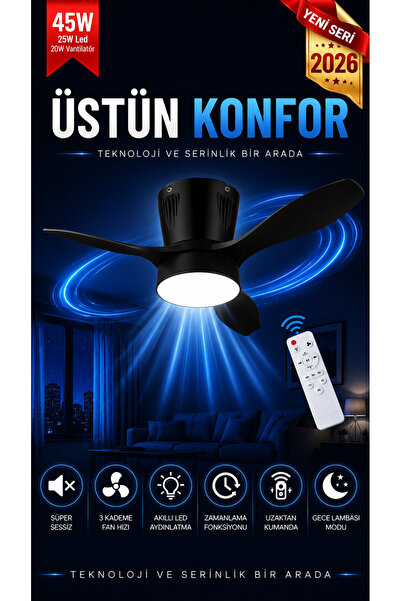 Goes Modern Led Işıklı Tavan Vantilatörü 3 Renk Işık 3 Kademe Hız Sessiz Siya...