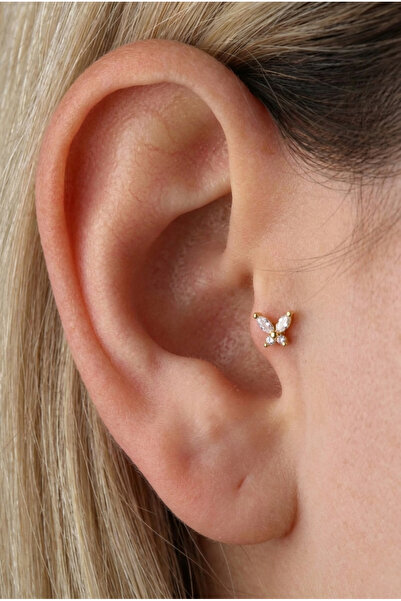 Vilma Aksesuar Kelebek Helix Tragus Cerrahi Çelik Piercing (8mm) Gold Renk