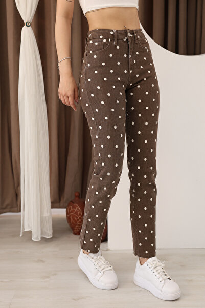 deqfashion Women's Brown White Polka Dot High Waist Lycra Boyfit Cropped Leg ...